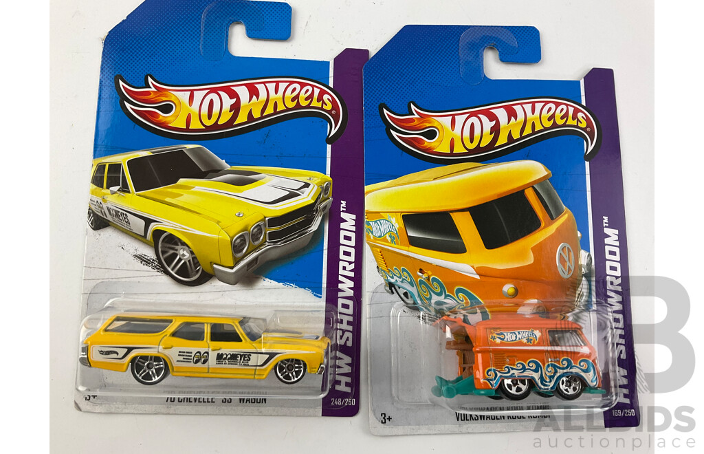 Twelve Boxed Hot Wheels HW Showroom Vehicles Including ''70 Pontiac GTO, ''71 El Camino, Bone Shaker