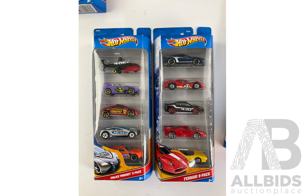 Seven Boxed Hot Wheels Five Packs Including Graffiti Riders, Indy 500, Police Pursuit, Ferrari, HW Tunerz, Hot Rods, World Racers