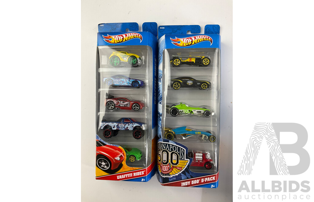 Seven Boxed Hot Wheels Five Packs Including Graffiti Riders, Indy 500, Police Pursuit, Ferrari, HW Tunerz, Hot Rods, World Racers