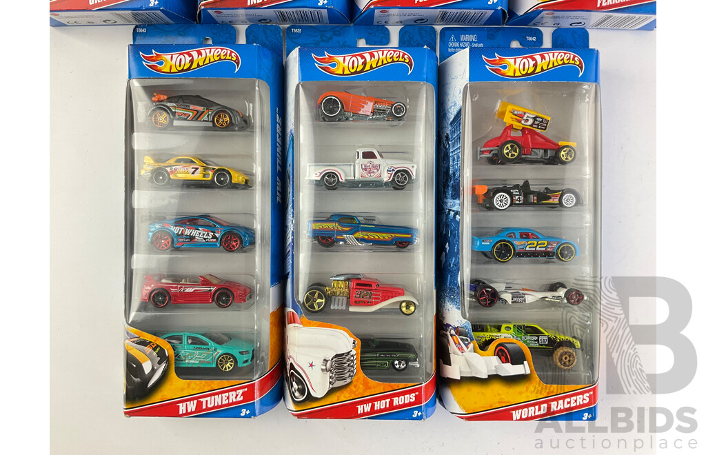 Seven Boxed Hot Wheels Five Packs Including Graffiti Riders, Indy 500, Police Pursuit, Ferrari, HW Tunerz, Hot Rods, World Racers