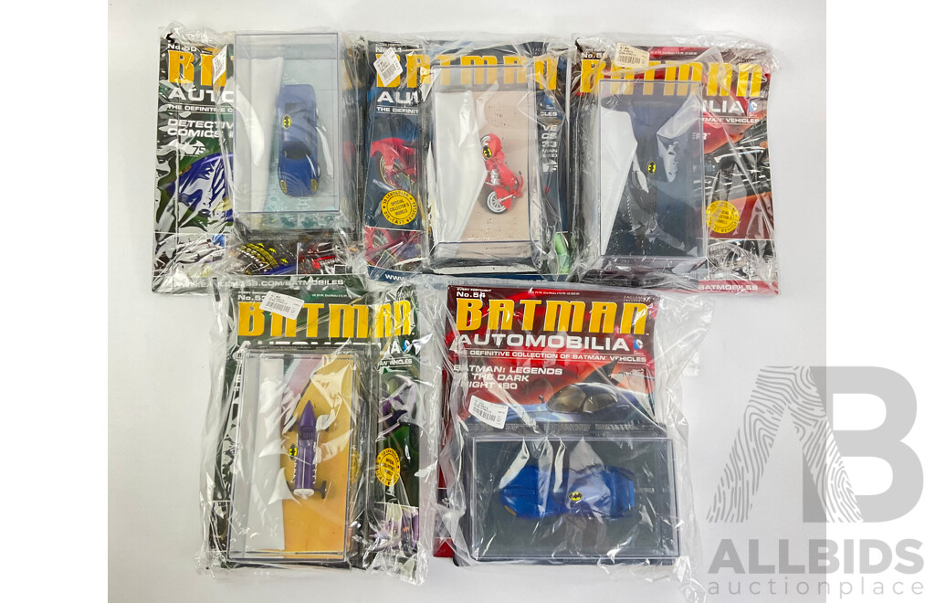 Batman Automobilia Cars and Booklets in Sealed Bags, Numbers 50, 51, 52, 53, 54