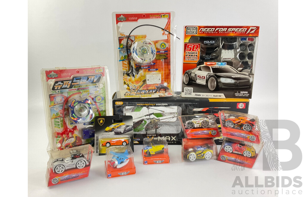 Assortment of Boxed Toys Including V-Max Hypersonic Helicopter, Mega Bloks Need for Speed, Flash Track Stars