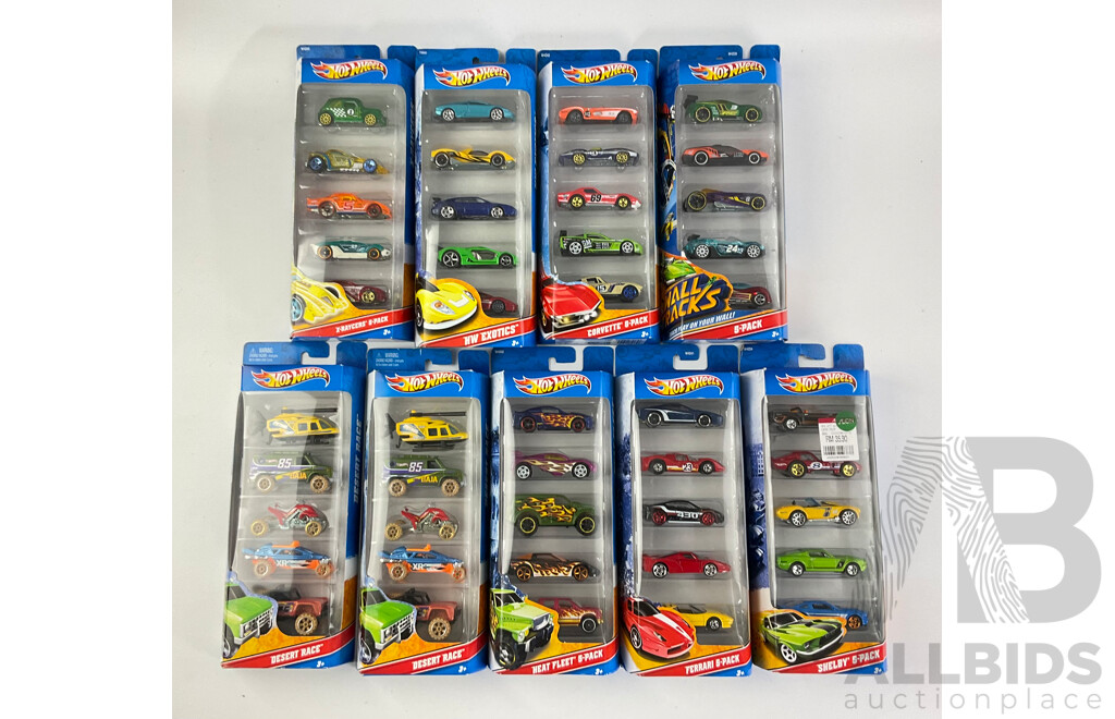 Nine Boxed Hot Wheels Five Packs Including Desert Race, Heat Fleet, Ferrari, Shelby, X-raycers, HW Exotics, Corvette, Wall Tracks