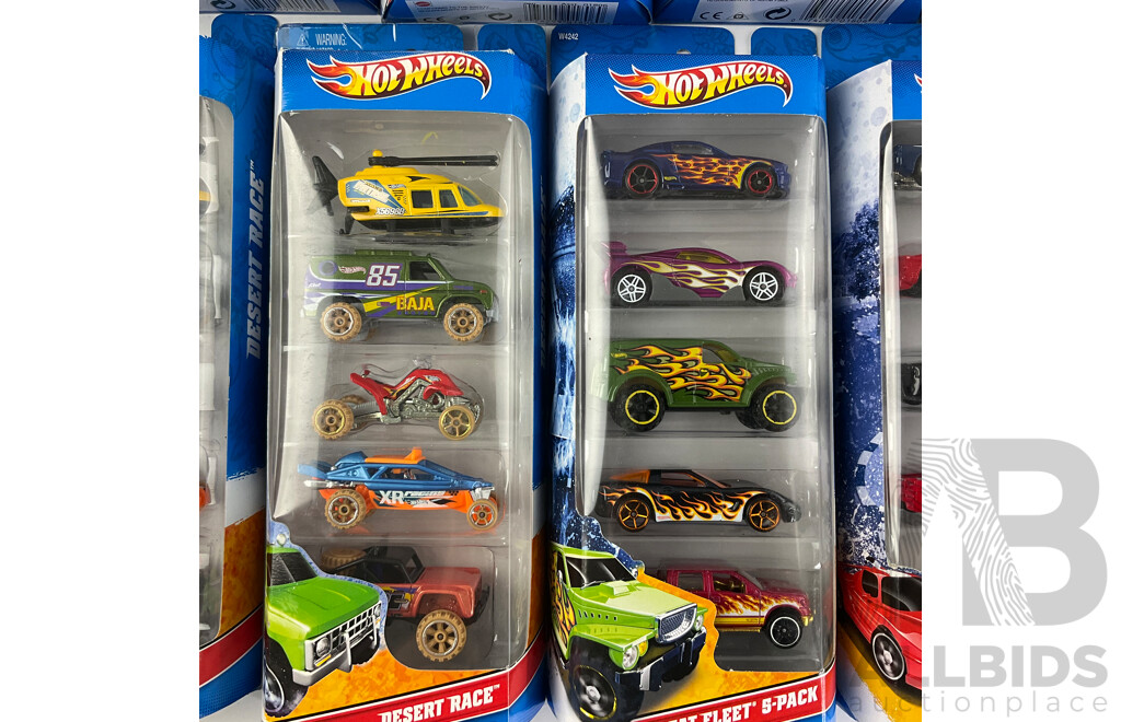 Nine Boxed Hot Wheels Five Packs Including Desert Race, Heat Fleet, Ferrari, Shelby, X-raycers, HW Exotics, Corvette, Wall Tracks