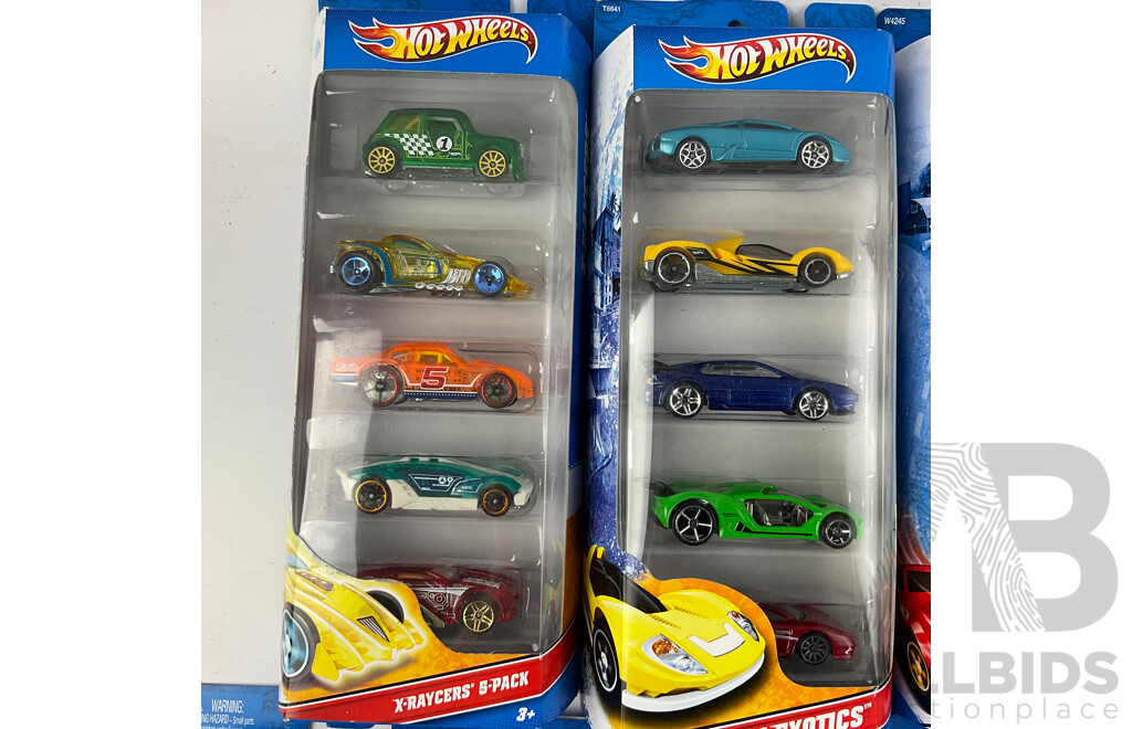 Nine Boxed Hot Wheels Five Packs Including Desert Race, Heat Fleet, Ferrari, Shelby, X-raycers, HW Exotics, Corvette, Wall Tracks