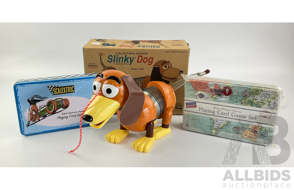 James Industries Slinky Dog with Scalextric and Air Mail Par Avion Playing Cards