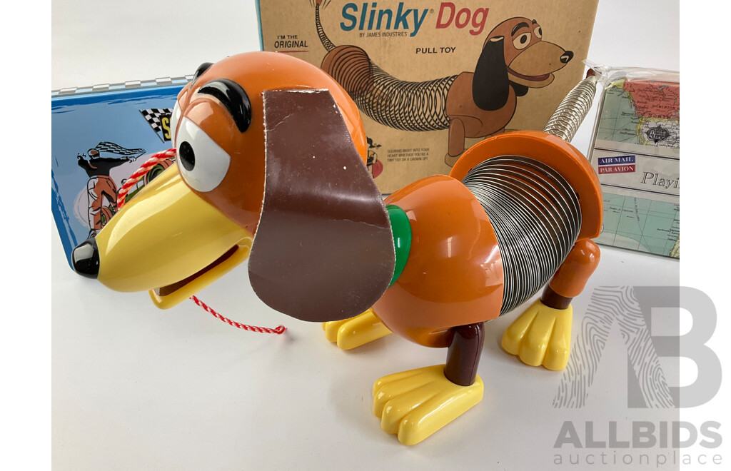 James Industries Slinky Dog with Scalextric and Air Mail Par Avion Playing Cards