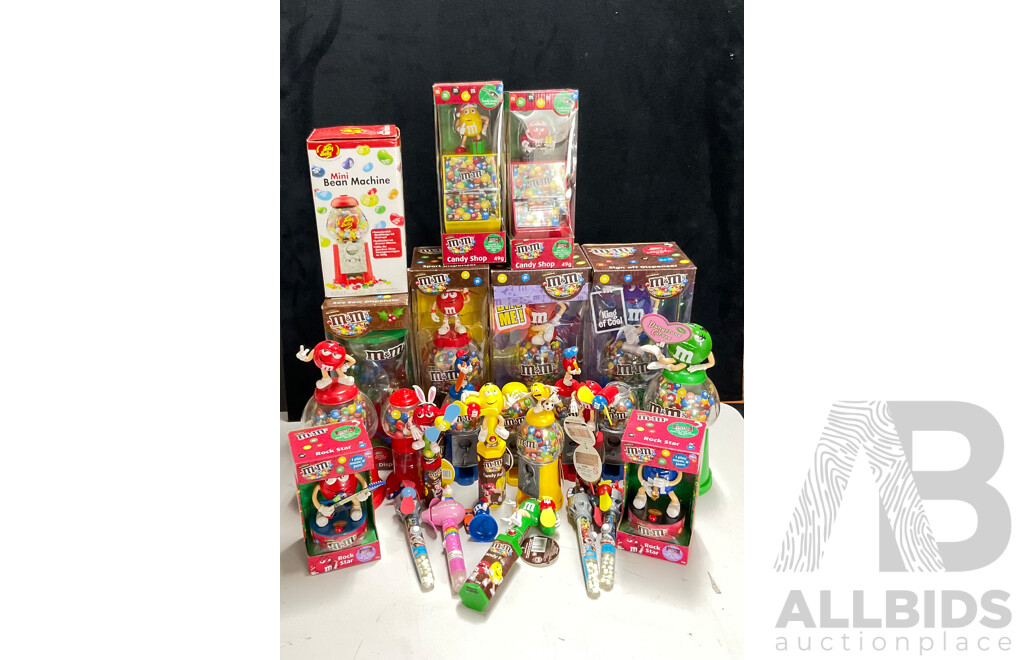 Collection of Candy Dispensers Including M&M's and Jelly Bean