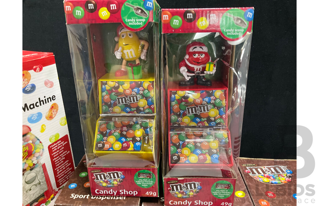 Collection of Candy Dispensers Including M&M's and Jelly Bean