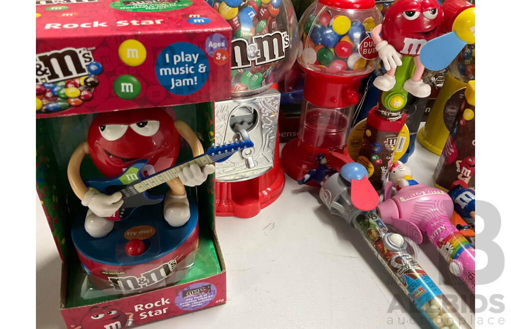 Collection of Candy Dispensers Including M&M's and Jelly Bean