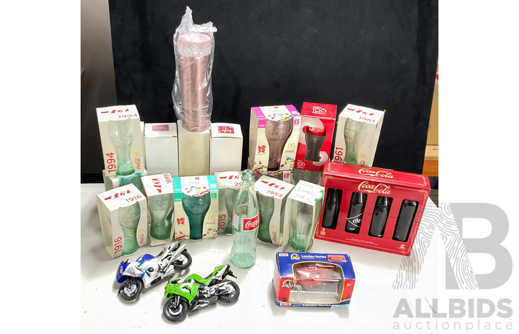 Collection of Boxed Coca Cola Glasses Thermoses, London Bus and Motorbikes