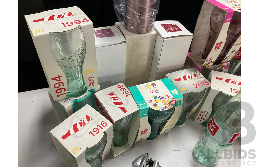 Collection of Boxed Coca Cola Glasses Thermoses, London Bus and Motorbikes