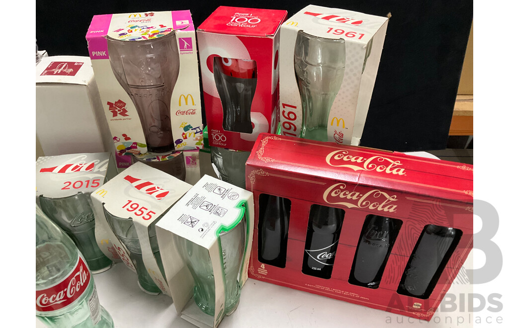 Collection of Boxed Coca Cola Glasses Thermoses, London Bus and Motorbikes