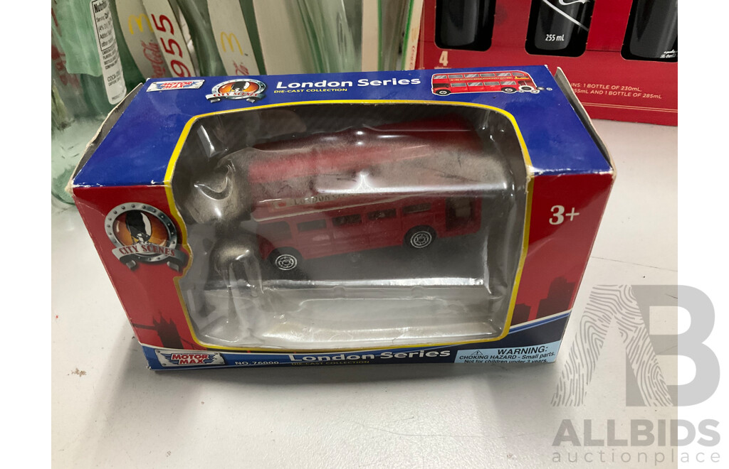 Collection of Boxed Coca Cola Glasses Thermoses, London Bus and Motorbikes
