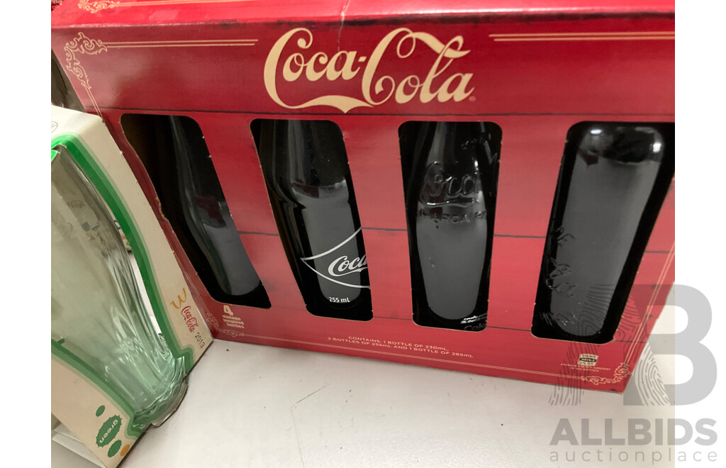 Collection of Boxed Coca Cola Glasses Thermoses, London Bus and Motorbikes