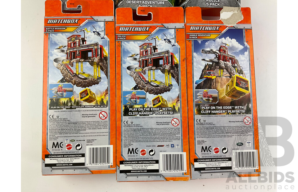 Six Boxed Matchbox Five Packs Including Battle Mission, Police Pack, Jungle Adventure, City Works, Desert Adventure