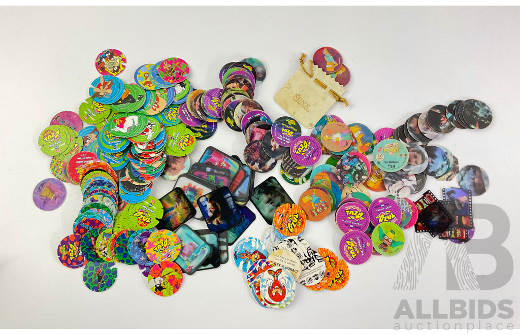 Collection of Tazos Including Warner Brothers, Cheetos Cheetah, Simpsons, Star Wars
