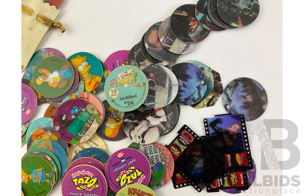 Collection of Tazos Including Warner Brothers, Cheetos Cheetah, Simpsons, Star Wars