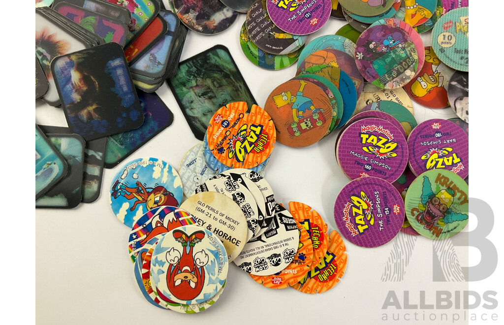 Collection of Tazos Including Warner Brothers, Cheetos Cheetah, Simpsons, Star Wars