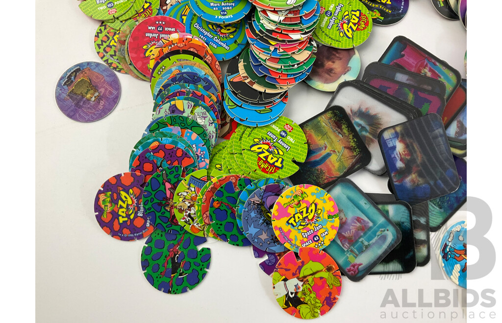 Collection of Tazos Including Warner Brothers, Cheetos Cheetah, Simpsons, Star Wars
