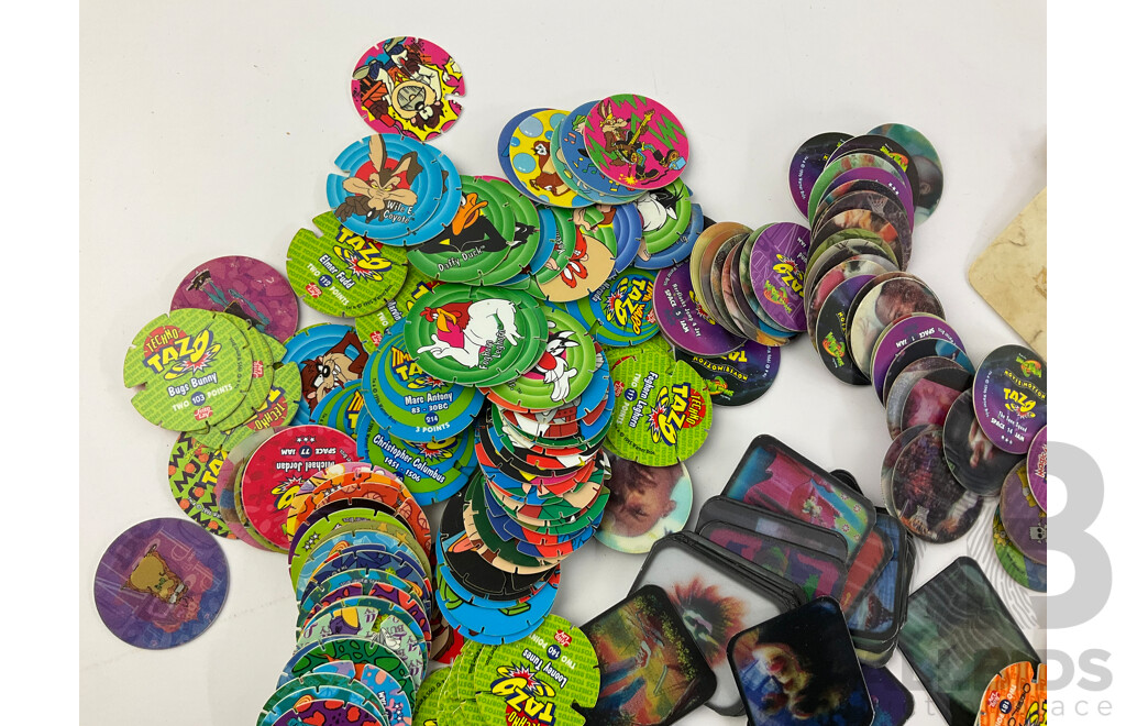 Collection of Tazos Including Warner Brothers, Cheetos Cheetah, Simpsons, Star Wars