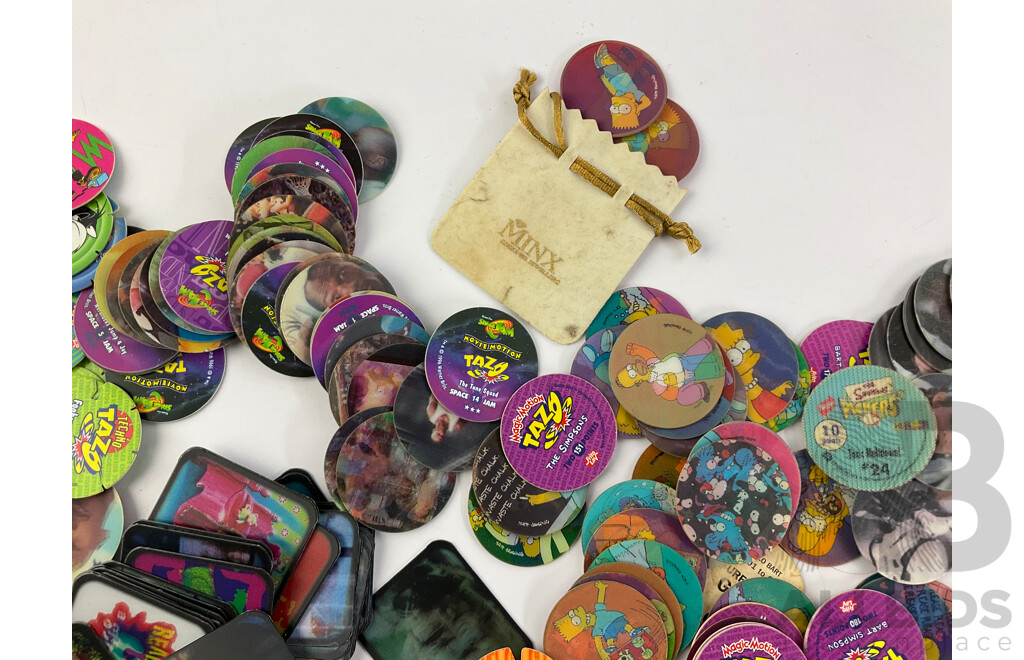 Collection of Tazos Including Warner Brothers, Cheetos Cheetah, Simpsons, Star Wars