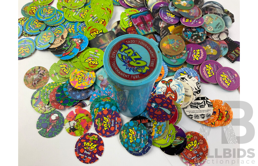 Collection of Tazos Including Warner Brothers, Cheetos Cheetah, Simpsons, Star Wars