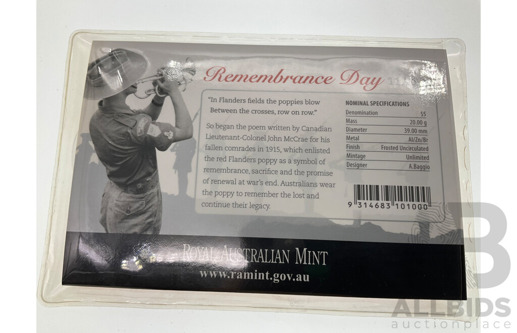 Australian RAM 2011 Five Dollar Coin, Remembrance, Frosted/Pad Prited