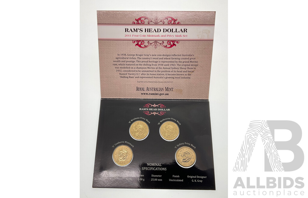 Australian RAM 2011 One Dollars, Ram's Head, Privy Mark Set C, B, M, S