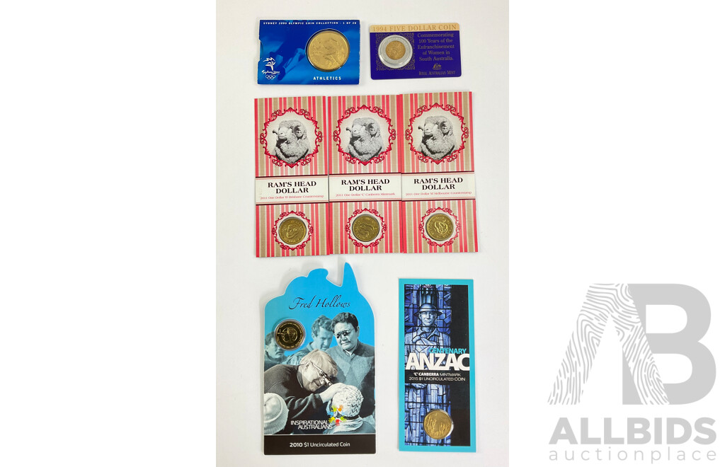Australian Commemrative Coins Including Five Dollars 1994 Enfranchisement of Woman and 2000 Olympics, One Dollars 2011 Rams Head Privy Marks M, C, B, 2010 Fred Hollows, 2015 ANZAC Century C Mint Mark