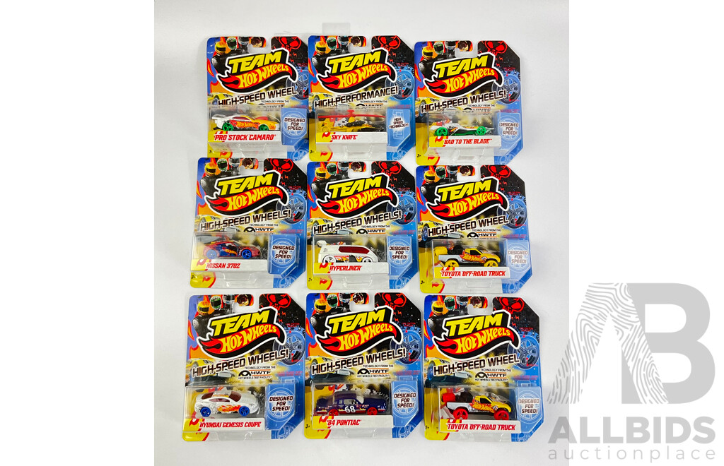 Nine Boxed Hot Wheels High Speed Wheels Including Stock Camaro, Sky Knife, Bad to the Blade, Nissan 370Z, Hyperliner, Toyota Off Road Truck, Hyundai Genesis Coupe, Pontiac