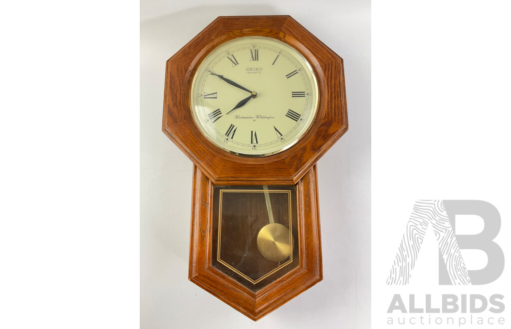 Vintage Seiko Westminster Whittington Chiming Wall Clock, Oak Case with Octagonal Face Surround