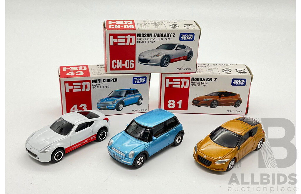 Boxed Takara Tomy Decast Vehicles Including Mini Cooper 43, Honda CR-Z 81, Nissan Fairlady Z CN-06