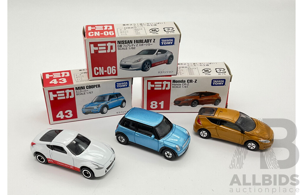 Boxed Takara Tomy Decast Vehicles Including Mini Cooper 43, Honda CR-Z 81, Nissan Fairlady Z CN-06