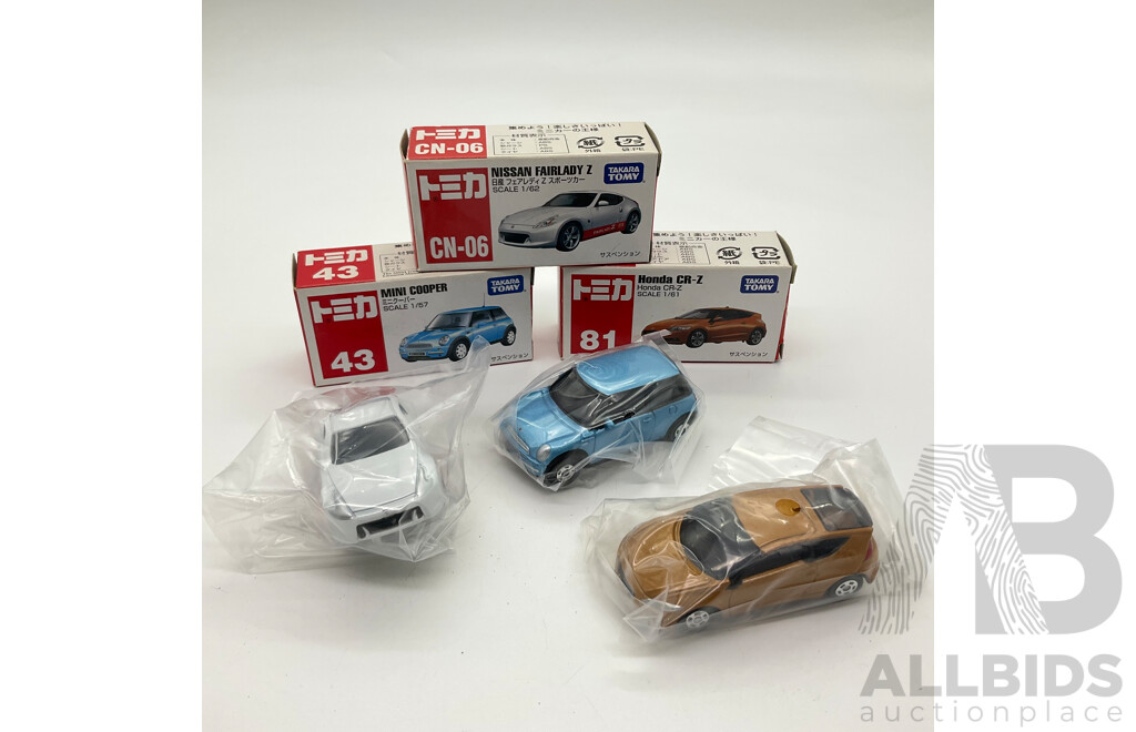 Boxed Takara Tomy Decast Vehicles Including Mini Cooper 43, Honda CR-Z 81, Nissan Fairlady Z CN-06