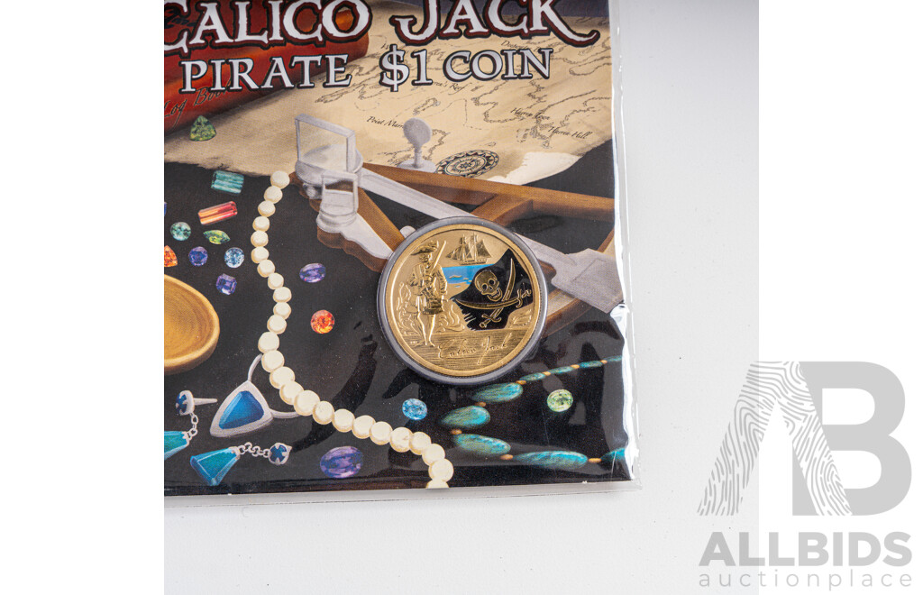 Four Tuvalu Perth Mint Commemorative One Dollar Coins, Pirate Series, Black Bart, Henry Morgan, William Kidd, Calico Jack