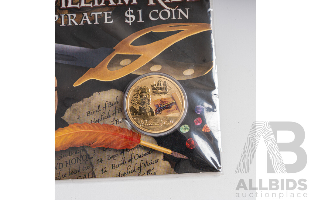 Four Tuvalu Perth Mint Commemorative One Dollar Coins, Pirate Series, Black Bart, Henry Morgan, William Kidd, Calico Jack