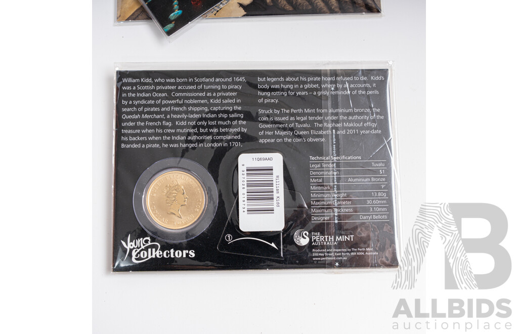 Four Tuvalu Perth Mint Commemorative One Dollar Coins, Pirate Series, Black Bart, Henry Morgan, William Kidd, Calico Jack