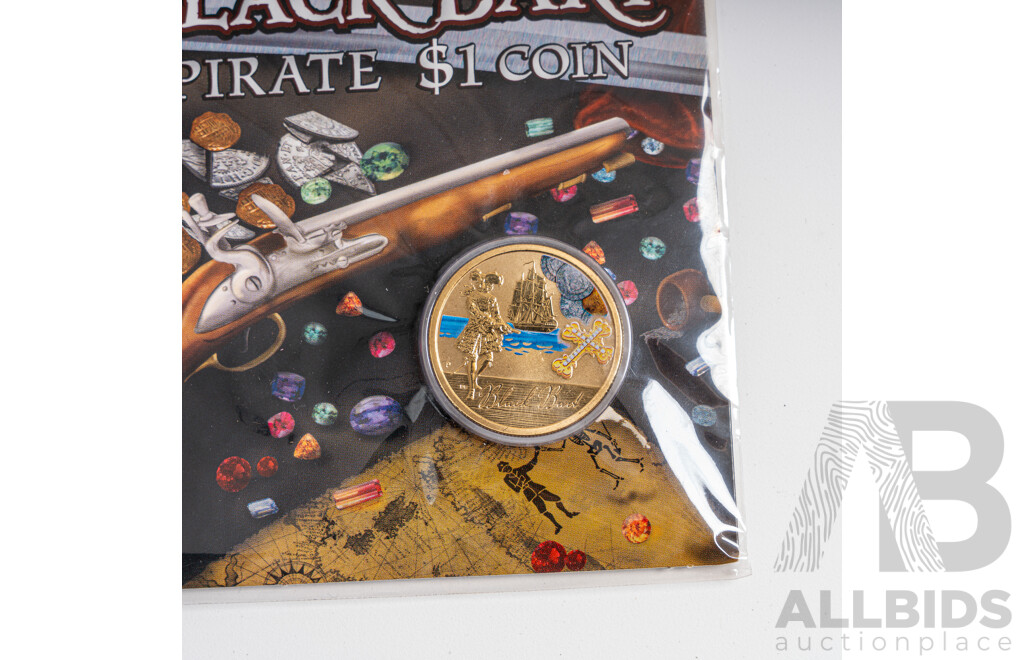 Four Tuvalu Perth Mint Commemorative One Dollar Coins, Pirate Series, Black Bart, Henry Morgan, William Kidd, Calico Jack