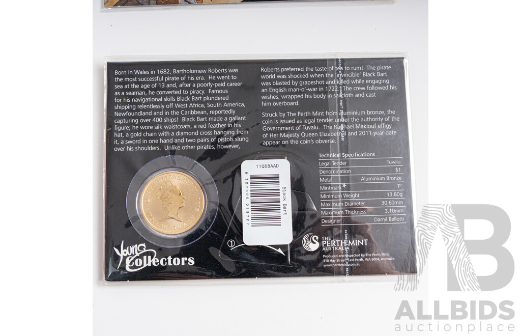 Four Tuvalu Perth Mint Commemorative One Dollar Coins, Pirate Series, Black Bart, Henry Morgan, William Kidd, Calico Jack
