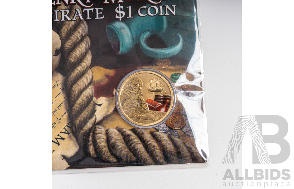 Four Tuvalu Perth Mint Commemorative One Dollar Coins, Pirate Series, Black Bart, Henry Morgan, William Kidd, Calico Jack