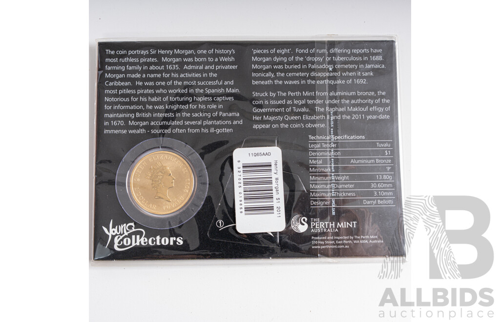 Four Tuvalu Perth Mint Commemorative One Dollar Coins, Pirate Series, Black Bart, Henry Morgan, William Kidd, Calico Jack