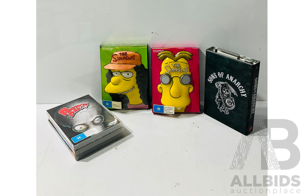 Collection of DVD Sets Including Limited Edition Collectors Box Simpsons Season Fifteen and Sixteen, Family Guy Season Thirteen and More