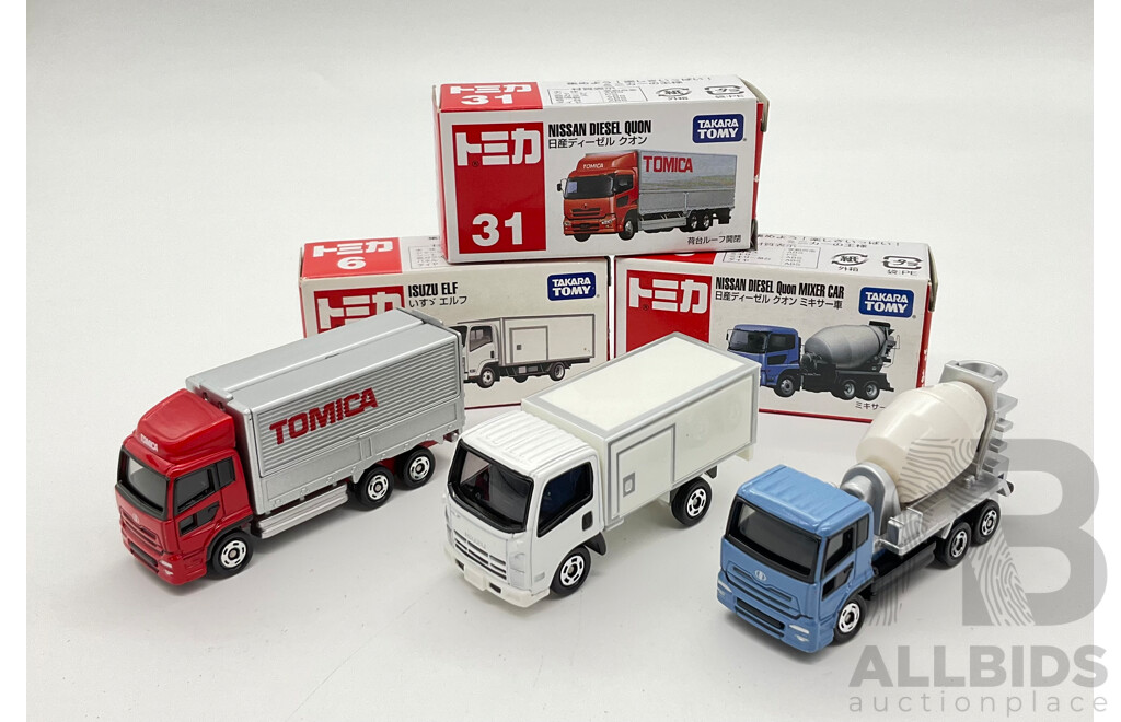 Boxed Takara Tomy Diecast Trucks Including Nissan Diesel Quon Mixer Car 53, Isuzu ELF 6, Nissan Diesel Quon 31