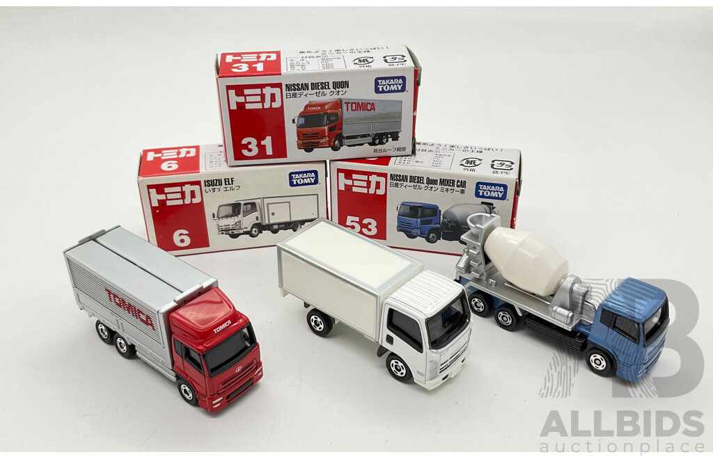 Boxed Takara Tomy Diecast Trucks Including Nissan Diesel Quon Mixer Car 53, Isuzu ELF 6, Nissan Diesel Quon 31