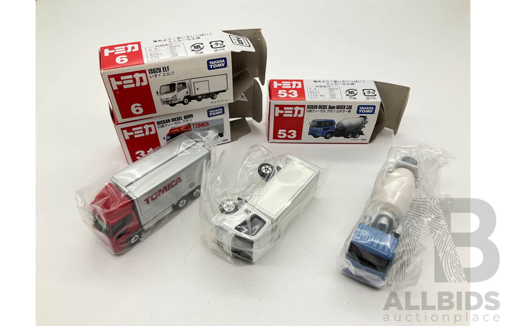 Boxed Takara Tomy Diecast Trucks Including Nissan Diesel Quon Mixer Car 53, Isuzu ELF 6, Nissan Diesel Quon 31