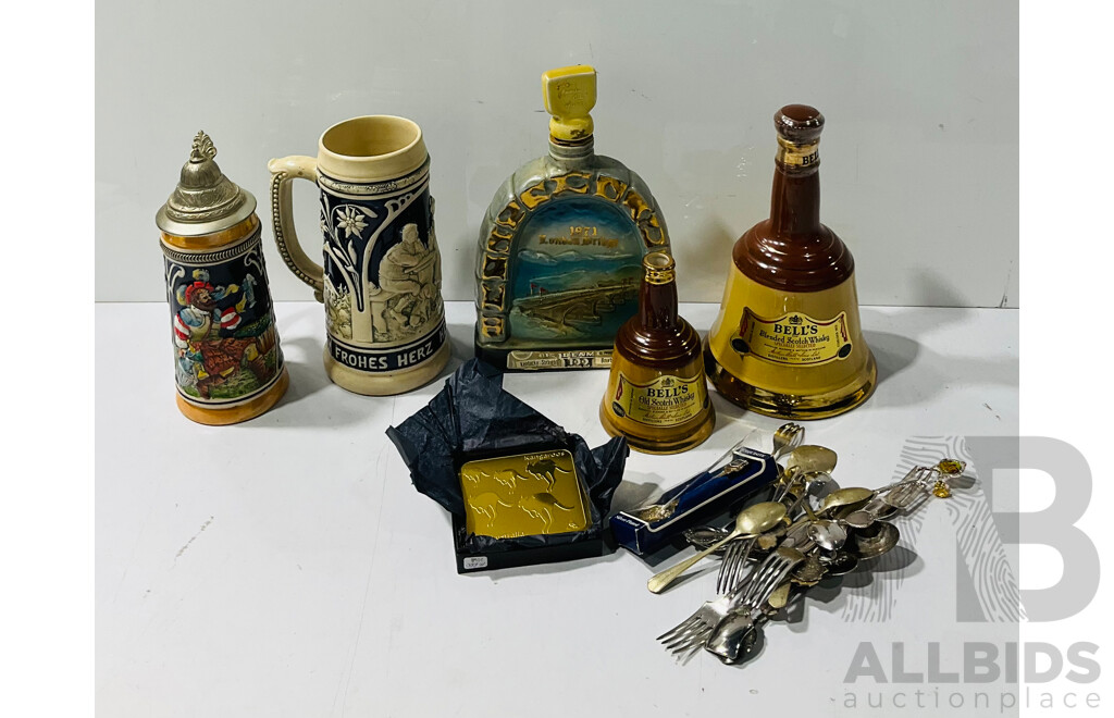Collection Items Including Collectable Bottles, Silver Plate Spoons and More
