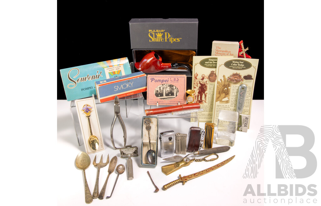 Gentleman's Lot Including Shine Pipe in Box, Sterling Silver Teaspoon & Knife, Ronson Lighter and More