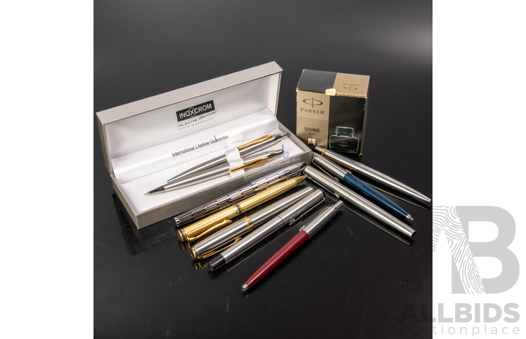 Collection Pens Including Parker Sonnet Fountain Pen, Four Other Parker Ballpoint & One Fountain Pen & Pair Inoxcrom in Original Case & Bottle Parker Ink in Box