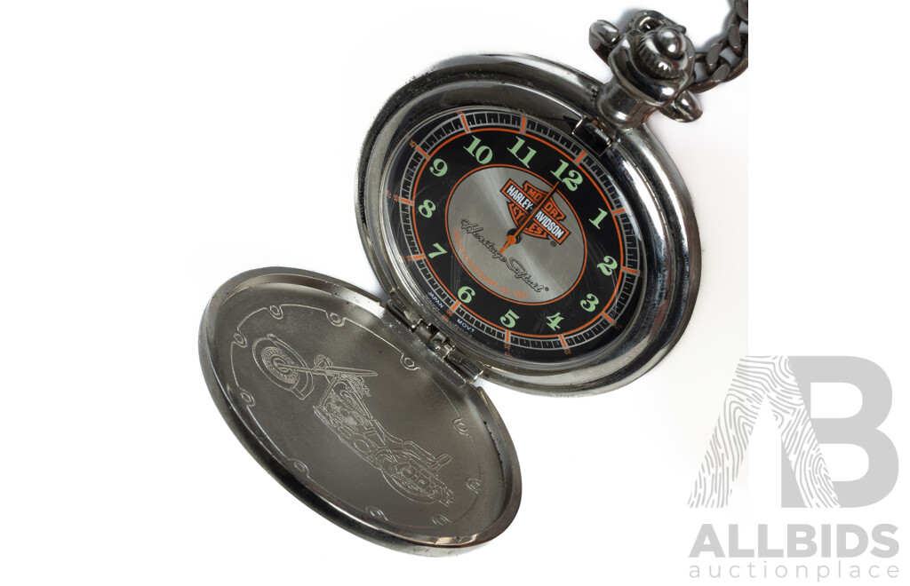 Franklin Mint Harley Davidson Soft Tail Precision Pocket Watch with Case & Fob Chain